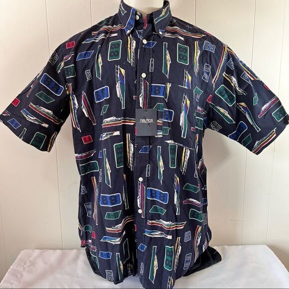 Vintage 90s nautica Boat Racing Button Up Short Sleeve Shirt NWT NOS Size Large - Picture 1 of 9